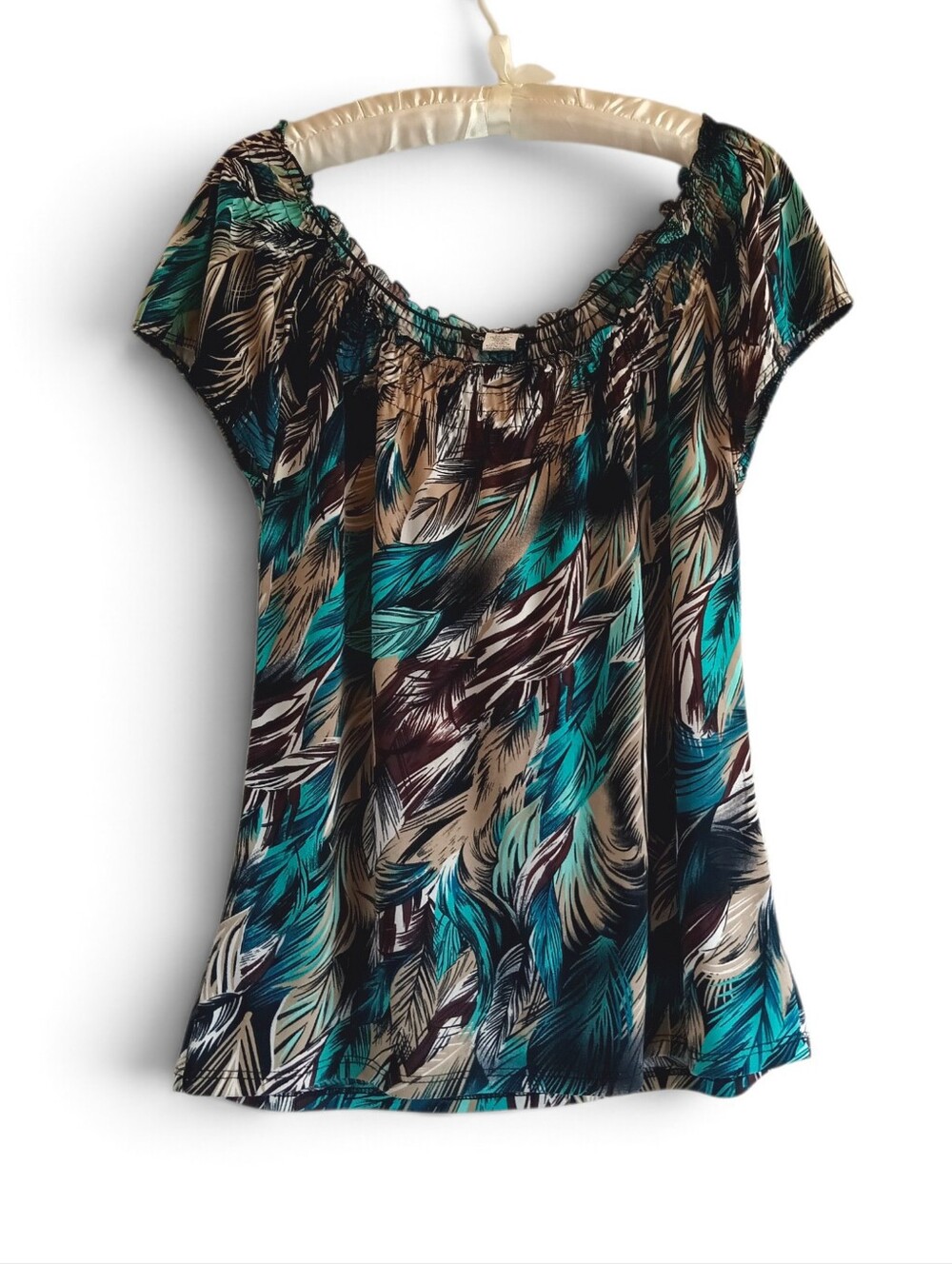 Carol Rose Feather-Print Top Flowy Gathered Neckline Boho Blouse teal Brown MED